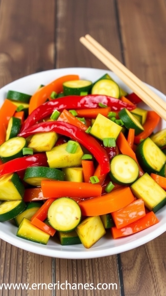 A vibrant zucchini stir-fry with bell peppers and carrots in a white bowl, garnished with green onions.
